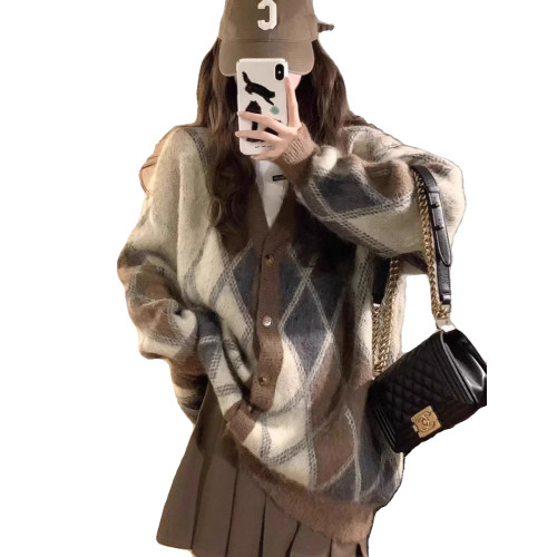 慵懶風V領針織開衫毛衣外套女春秋季大碼高級感寬松減齡氣質上衣 慵懶風V領針織開衫毛衣外套女春秋季大碼高級感寬松減齡氣質上衣