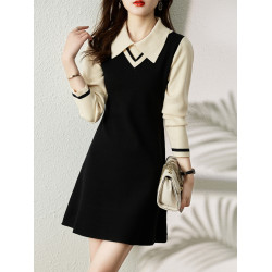 2025秋冬季新款氣質百搭方領拼色假兩件長袖針織顯瘦毛衣連衣裙女
