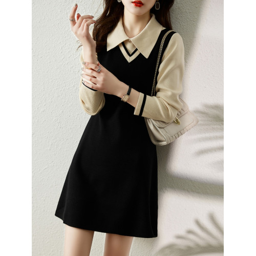 2025秋冬季新款氣質百搭方領拼色假兩件長袖針織顯瘦毛衣連衣裙女 2025秋冬季新款氣質百搭方領拼色假兩件長袖針織顯瘦毛衣連衣裙女