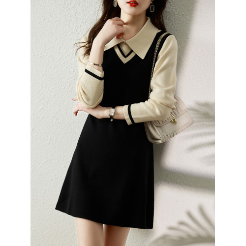 2025秋冬季新款氣質百搭方領拼色假兩件長袖針織顯瘦毛衣連衣裙女 2025秋冬季新款氣質百搭方領拼色假兩件長袖針織顯瘦毛衣連衣裙女