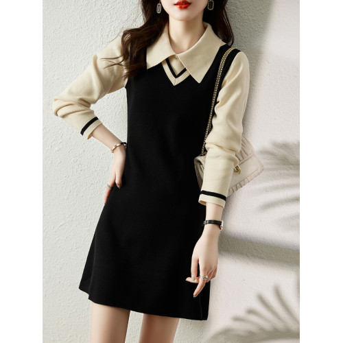 2025秋冬季新款氣質百搭方領拼色假兩件長袖針織顯瘦毛衣連衣裙女 2025秋冬季新款氣質百搭方領拼色假兩件長袖針織顯瘦毛衣連衣裙女