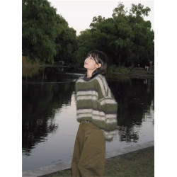 復古慵嬾風綠色條紋馬海毛毛衣女寬鬆加厚中長款水貂絨針織衫秋冬