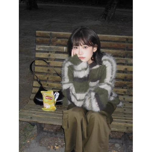 復古慵嬾風綠色條紋馬海毛毛衣女寬鬆加厚中長款水貂絨針織衫秋冬
