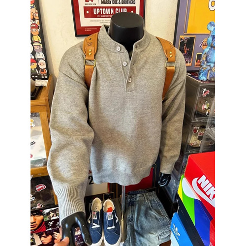 灰色美式亨利領針織毛衣男長袖慵懶風cleanfit內搭打底針織衫外套