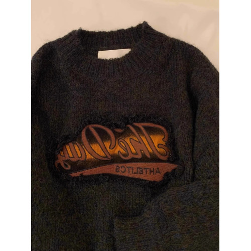 美式復古短款針織毛衣女秋冬季浣熊絨設計感小衆正肩寬松加厚外穿