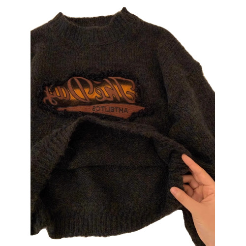 美式復古短款針織毛衣女秋冬季浣熊絨設計感小衆正肩寬松加厚外穿