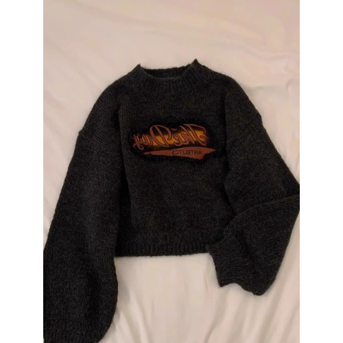 美式復古短款針織毛衣女秋冬季浣熊絨設計感小衆正肩寬松加厚外穿