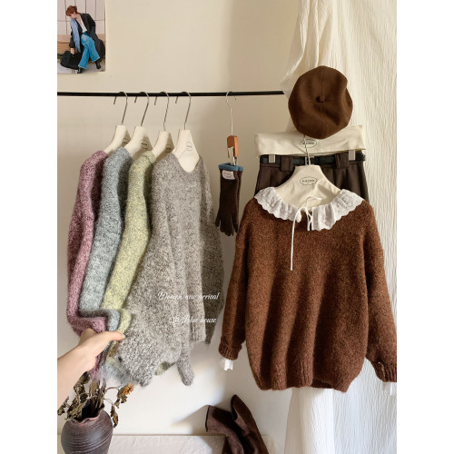 復古溫柔慵懶風軟糯花紗毛絨圓領毛衣女秋休閒寬松弛感長袖針織衫 復古溫柔慵懶風軟糯花紗毛絨圓領毛衣女秋休閒寬松弛感長袖針織衫