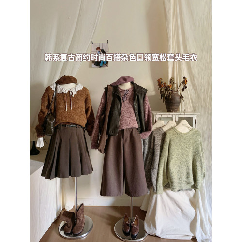 復古溫柔慵懶風軟糯花紗毛絨圓領毛衣女秋休閒寬松弛感長袖針織衫 復古溫柔慵懶風軟糯花紗毛絨圓領毛衣女秋休閒寬松弛感長袖針織衫