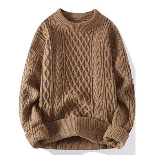 日系潮牌麻花針織衫男秋冬季純色圓領毛衣簡約青少年百搭羊毛衫潮