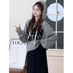 灰色慵懶風刺綉連帽長袖針織毛衣女款2024新款冬季寬松設計感上衣