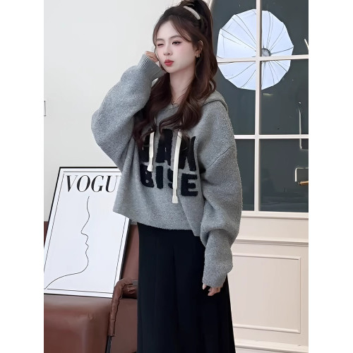 灰色慵懶風刺綉連帽長袖針織毛衣女款2024新款冬季寬松設計感上衣 灰色慵懶風刺綉連帽長袖針織毛衣女款2024新款冬季寬松設計感上衣