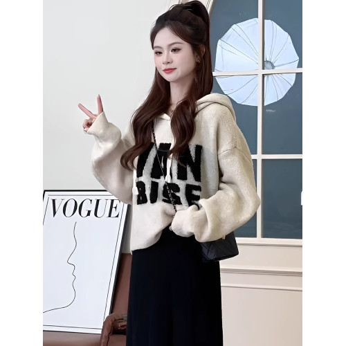 灰色慵懶風刺綉連帽長袖針織毛衣女款2024新款冬季寬松設計感上衣 灰色慵懶風刺綉連帽長袖針織毛衣女款2024新款冬季寬松設計感上衣