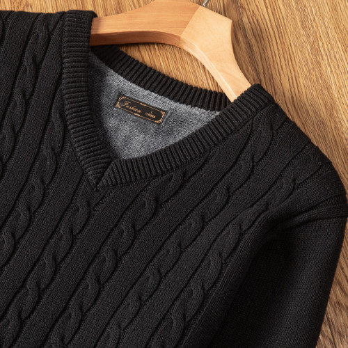 加絨毛衣男加厚針織衫秋冬內搭保暖V領打底衫青年男修身毛衫外套