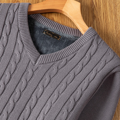 加絨毛衣男加厚針織衫秋冬內搭保暖V領打底衫青年男修身毛衫外套