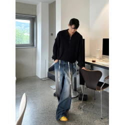 SSUMENAM「老錢風 半拉鍊」黑色POLO衫毛衣男秋季高級翻領針織衫