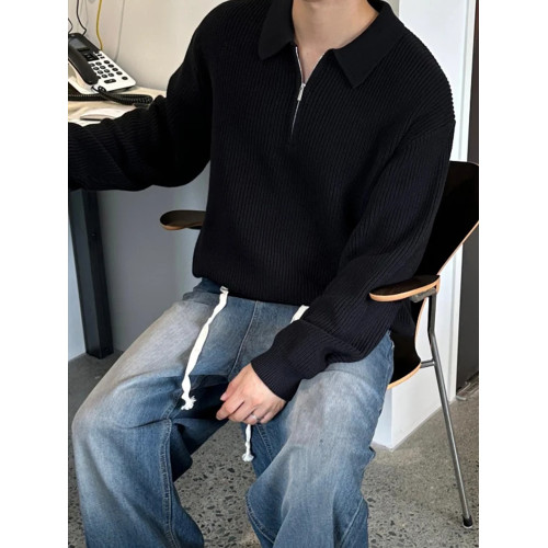 SSUMENAM「老錢風 半拉鍊」黑色POLO衫毛衣男秋季高級翻領針織衫