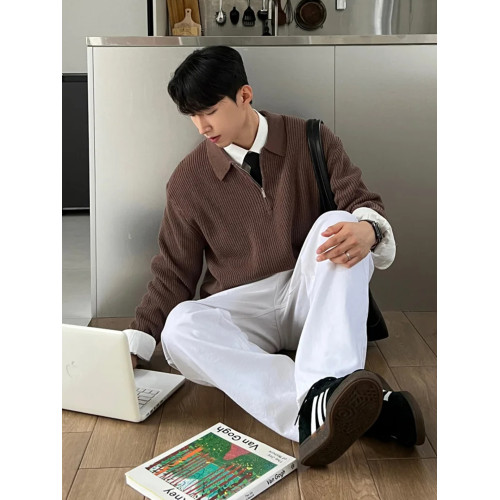 SSUMENAM「老錢風 半拉鍊」黑色POLO衫毛衣男秋季高級翻領針織衫