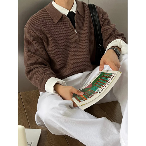 SSUMENAM「老錢風 半拉鍊」黑色POLO衫毛衣男秋季高級翻領針織衫