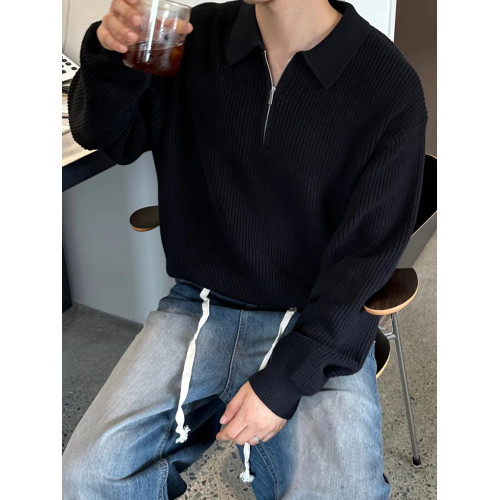 SSUMENAM「老錢風 半拉鍊」黑色POLO衫毛衣男秋季高級翻領針織衫