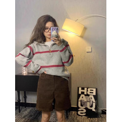 polo領半拉鍊條紋毛衣女裝秋冬慵懶風針織衫套頭針織衛衣2025新款