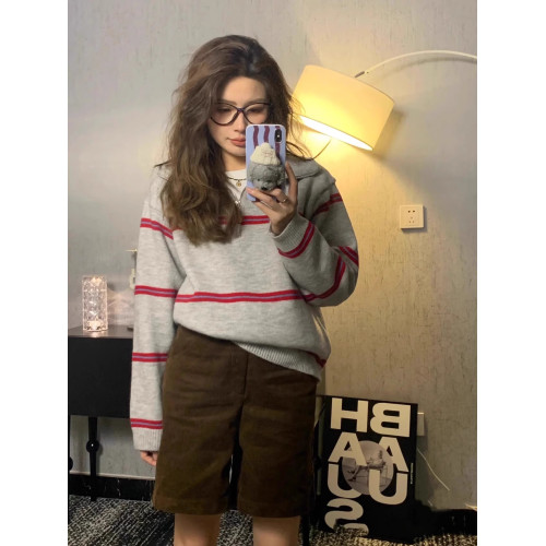 polo領半拉鍊條紋毛衣女裝秋冬慵懶風針織衫套頭針織衛衣2025新款 polo領半拉鍊條紋毛衣女裝秋冬慵懶風針織衫套頭針織衛衣2025新款