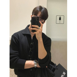 韓系輕奢包芯紗針織開衫男高級感修身排釦翻領外套美式坑條紋毛衣