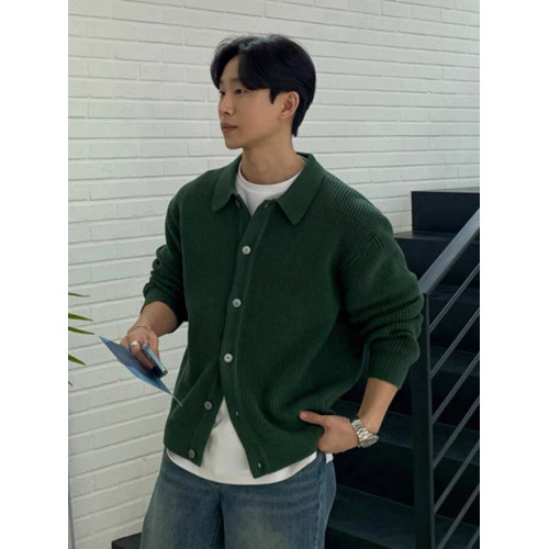 韓系輕奢包芯紗針織開衫男高級感修身排釦翻領外套美式坑條紋毛衣