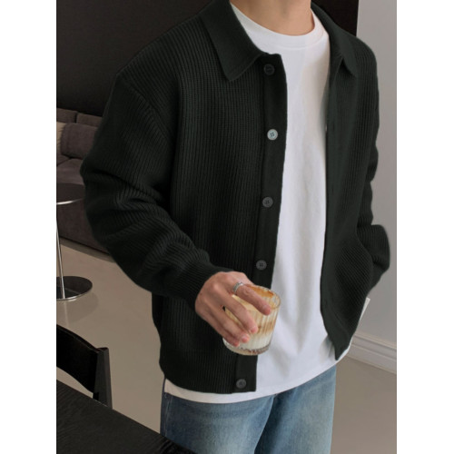 韓系輕奢包芯紗針織開衫男高級感修身排釦翻領外套美式坑條紋毛衣