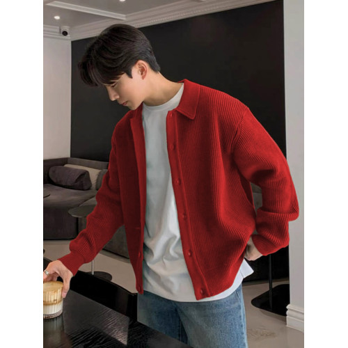 韓系輕奢包芯紗針織開衫男高級感修身排釦翻領外套美式坑條紋毛衣