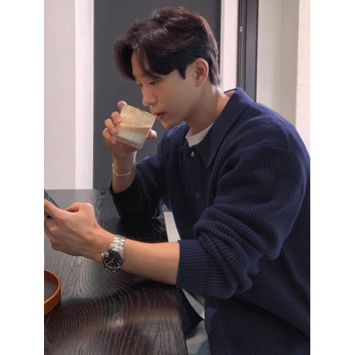 韓系輕奢包芯紗針織開衫男高級感修身排釦翻領外套美式坑條紋毛衣