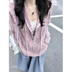 暗粉混雜色連帽拉鍊開衫外套毛衣女秋冬新款休閒寬松針織軟糯加厚