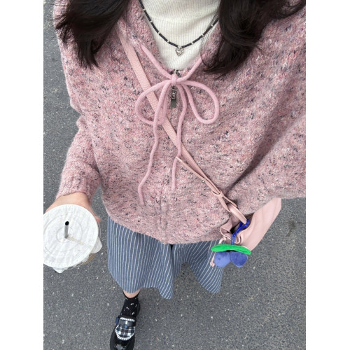 暗粉混雜色連帽拉鍊開衫外套毛衣女秋冬新款休閒寬松針織軟糯加厚 暗粉混雜色連帽拉鍊開衫外套毛衣女秋冬新款休閒寬松針織軟糯加厚