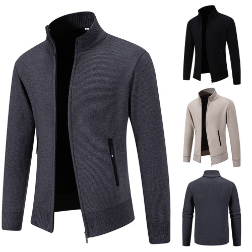 2024秋冬季拉鍊修身百搭純色毛衣外套男士簡約韓版立領開衫針織衫