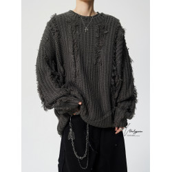 V37美式破洞流蘇設計毛衣男秋寬松慵懶風針織衫高街寬松休閒上衣