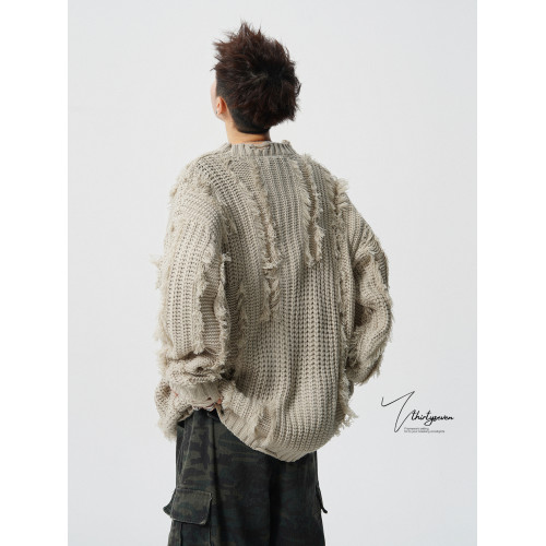 V37美式破洞流蘇設計毛衣男秋寬松慵懶風針織衫高街寬松休閒上衣