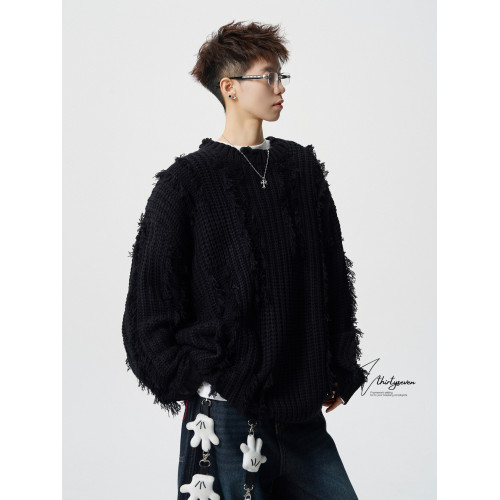 V37美式破洞流蘇設計毛衣男秋寬松慵懶風針織衫高街寬松休閒上衣