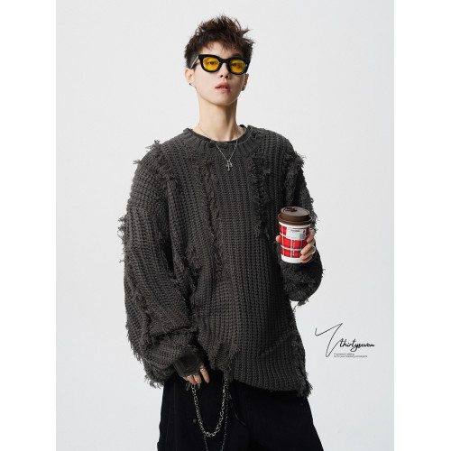 V37美式破洞流蘇設計毛衣男秋寬松慵懶風針織衫高街寬松休閒上衣