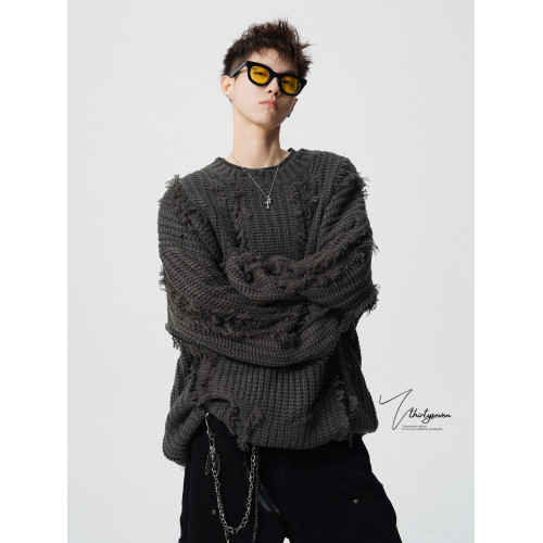 V37美式破洞流蘇設計毛衣男秋寬松慵懶風針織衫高街寬松休閒上衣