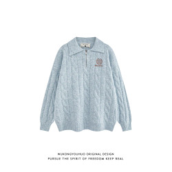 悟空有貨學院風麻花刺綉POLO領毛衣男復古寬松慵懶情侶百搭針織衫