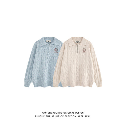 悟空有貨學院風麻花刺綉POLO領毛衣男復古寬松慵懶情侶百搭針織衫