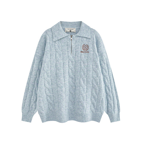 悟空有貨學院風麻花刺綉POLO領毛衣男復古寬松慵懶情侶百搭針織衫
