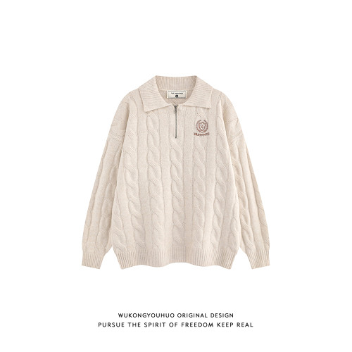 悟空有貨學院風麻花刺綉POLO領毛衣男復古寬松慵懶情侶百搭針織衫