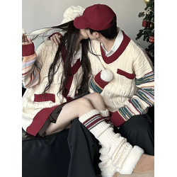 情侶裝冬季條紋拼接新年紅色套頭毛衣針織開衫學院風軟糯慵懶風潮