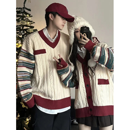 情侶裝冬季條紋拼接新年紅色套頭毛衣針織開衫學院風軟糯慵懶風潮 情侶裝冬季條紋拼接新年紅色套頭毛衣針織開衫學院風軟糯慵懶風潮