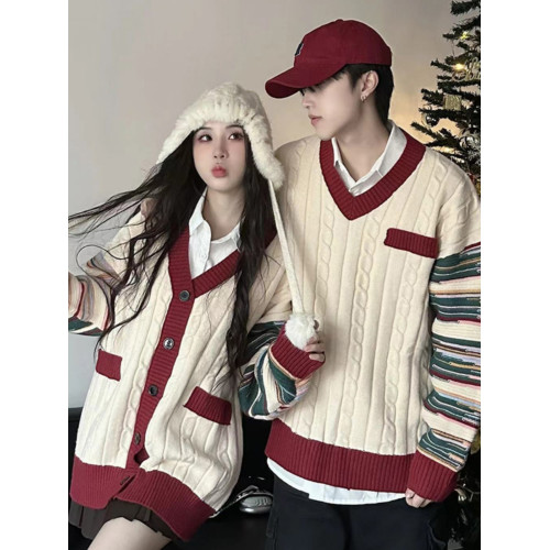 情侶裝冬季條紋拼接新年紅色套頭毛衣針織開衫學院風軟糯慵懶風潮 情侶裝冬季條紋拼接新年紅色套頭毛衣針織開衫學院風軟糯慵懶風潮