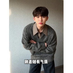 灰色馬海毛v領毛衣男秋冬季慵懶風韓系穿搭針織衫痞帥高級感外套