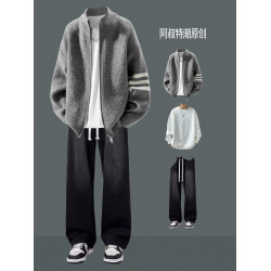 韓式休閒立領針織衫拉鍊開衫男秋冬款套裝條紋酷帥毛衣青少年外套