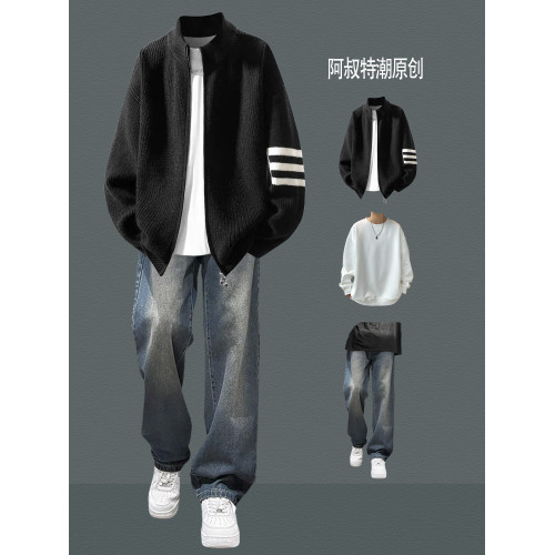 韓式休閒立領針織衫拉鍊開衫男秋冬款套裝條紋酷帥毛衣青少年外套