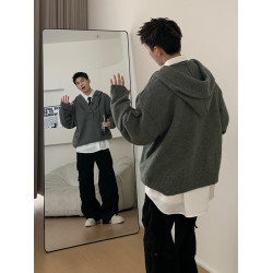 Holocene美式潮牌超好看秋冬連帽毛衣半開衫紐釦情侶套頭針織衫男